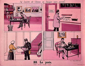 "A posta", különböző postai képeket illusztráló képsorozat egy francia iskolai tankönyvből, kiadta Fernand Nathan, 1914 előtt (színes litográfia) alkotó: French School