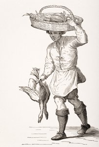 A baromfikereskedő, Cesare Vecellio (1521-1601) 16. századi fametszete nyomán Paul Lacroix (1806-84) "Le Moyen Age et La Renaissance" című művéből, 1847-ben jelent meg.