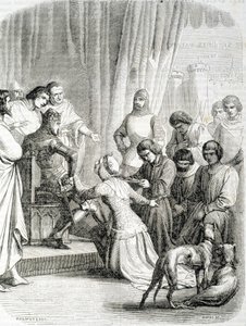 Anglia királynője (Philippa de Hainaut) köszönetet kér férjének, III. Edwardnak Calais lakóiért (a 6 calais-i burzsoá epizódja) alkotó: French School
