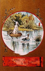 A nyúl és a kékeszöld, illusztrált kártya, amely Jean de la Fontaine (1621-95) meséjét ábrázolja 1880 körül alkotó: French School