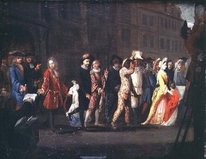 A Comediens visszatérése a Comedie Italienne visszaszorítása után, 1697 alkotó: French School