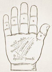 A jobb kéz, fő vonalak, Ioannes ab Indagine, 1531-ben készült, Chiromantia című illusztrációjának másolata, a 19. század végén megjelent mágiatörténetben. alkotó: French School