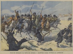 Az orosz-japán háború: Kozákok megleptek egy japán járőrt a koreai Gensantól északra végrehajtott rajtaütésben (színes litho) alkotó: French School