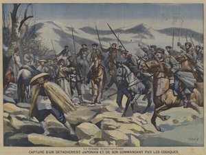 Az orosz-japán háború: egy japán különítményt és parancsnokukat a kozákok elfogták (színes litho) alkotó: French School