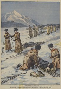 Az orosz-japán háború: sebesült orosz katonák szállítása sílécből készült szánkókon (színes litho) alkotó: French School