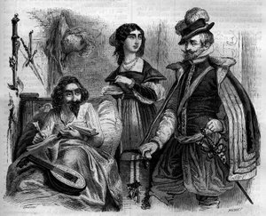 Miguel de Cervantes Saavedra (1547-1616) spanyol író 1614-ben otthon veszi körül feleségét és Lemos grófját. Metszet 1852-ből. alkotó: French School