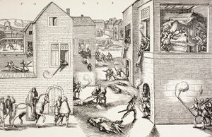 A Szent Bertalan napi mészárlás, 1572. augusztus, Paul Lacroix „Katonai és vallási élet a középkorban” című művéből, London 1880 körül. alkotó: French School