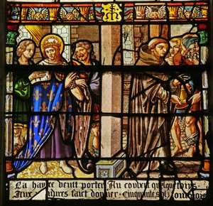 A Szent Lajos-ablak: Lajos vezeklést végez és alamizsnát ad a szerzeteseknek... alkotó: French School