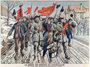 A bányászok sztrájkja Pas-de-Calais-ban, a sztrájkolók felvonulása a bányászfaluban, a Le Petit Journalból, 1906. április 1. (színes metszet) alkotó: French School