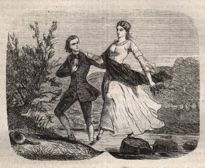 Jean Jacques (Jean-Jacques) Rousseau (1712-1778) svájci filozófus segített Mademoiselle Galley-nak átkelni egy patakon. Metszet 1871-ből a "Histoire Des Cocus Celebres" könyvébe Henry de Kock (1819-1892). alkotó: French School