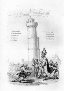 A torony óvatos. Egy fegyveres ezredes jön le a királyhoz, majd lapok. Gravírozás „” Chants et chansons populaire de la France””, 2. kötet alkotó: French School