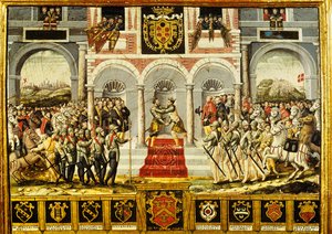 A Cateau-Cambresis-i szerződés és II. Henrik (1519-59) francia és II. Fülöp (1527-98) spanyol ölelése, 1559. április 2-3. alkotó: French School