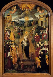 Jelen van a Szűz búzával XII. Lajos király (1462-1515) és VI. Sándor pápa (1431-1503). A Földgömböt tartó Mindenható Isten megáldotta a jelenetet, miközben a Szentlélek védelmezte a Szűzanyát és a Gyermeket. Festmény a 16. századi francia iskola fára alkotó: French School