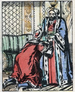 A vezír fia lemond arról, hogy feleségül vegye a szultán lányát. Ezeregyéjszaka meséjének metszete „” Aladin és a csodálatos lámpa””. Epinális képalkotás, 19. század vége. Magángyűjtemény. alkotó: French School