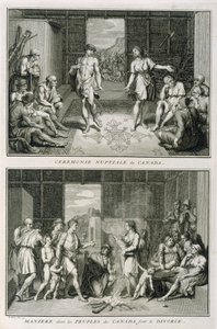 Az esküvői szertartás és a válás módja Kanadában, illusztráció a vallási szertartásokból és szokásokból, metszett: Bernard Picart (1673-1733) 1723 alkotó: French School