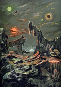 Négy hold és négy nap világa, az Astronomie Populaire illusztrációja, Camille Flammarion (1842-1925) 1881 alkotó: French School