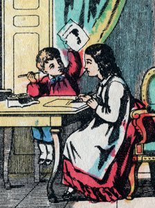 Tevékenységek jó családból származó lányoknak: segítünk egy kistestvérnek a házi feladatban - Epinal kép - 19. század (metszet) alkotó: French School