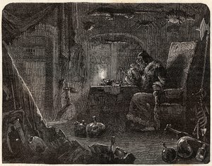 Az alkimista, aki megígérte, hogy aranyat készít, a laboratóriumában dolgozik: az alkimista a 17. században - Nicolas Jules Henri Gourdon de Kennouillac (1826-1898) „Paris a travers les cules”-ban. alkotó: French School