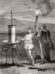Az ókori görög hidraulikus szemaforrendszer, amelyet Aeneas használt üzenet küldésére, ie 4. században, a Les Merveilles de la Science-ből, 1870 körül megjelent (metszet) alkotó: French School