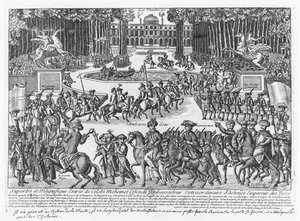 Mehmed Celebi Efendi, III. Ahmed török szultán nagykövetének érkezése a Tuileriákba, hogy XV. Lajos fogadja 1721-ben (metszet) alkotó: French School
