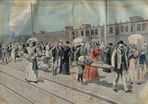 Betegvonat érkezése a lourdes-i állomásra, ahol a hordágyak közvetlenül a csodás barlanghoz szállítják őket, és a Notre-Dame de Salvation Egyesület hölgyei és a Mennybemenetele kistestvérei áhítattal figyelik őket. alkotó: French School