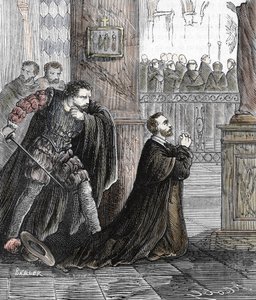 Pedro de Arbues (1441-1485) inkvizítor meggyilkolása 1485. 09. 17-én a spanyolországi Zaragoza katedrálisában (A spanyol inkvizíció tisztviselője, Pedro de Arbues meggyilkolta a zaragozai La Seo katedrálisban egy állítólagos összeesküvésben 1485-ben beszél alkotó: French School