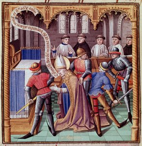Thomas Becket meggyilkolása 1170-ben (Canterburyi Szent Tamás meggyilkolása) Miniatúra Vincent de Beauvais (1190-1264) "Le miroir historial" (Speculum Historiale) című művéből, amelyet Jean de Vignay fordított franciára. alkotó: French School