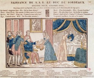 Henri Charles Ferdinand Marie Dieudonne de France születése, Bordeaux herceg, Comte de Chambord 1820. szeptember 29-én (színes fametszet) alkotó: French School