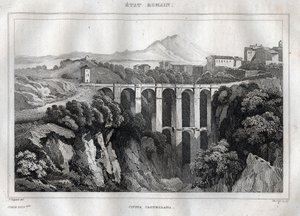 A hídnak kettős árkádjai vannak - CIVITA CASTELLANA - Viterbo tartomány - Olaszország - Metszet a „” Italy Festői” - Olaszország történelmi és leíró festményeiből” M. de Norvins, Ch. Nodier 1834-1836. alkotó: French School