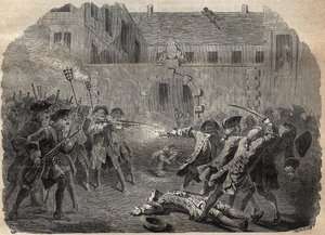 Louis Dominique Garthausen dit Cartridge brigand (1693-1721) és társai, akik a párizsi Hotel Desmaretz dezsuitázására készülnek, ádáz küzdelem után meglepődnek, és az íjászok megtámadják, a háztetőkön keresztül menekülnek - Louis Domini francia brigand alkotó: French School