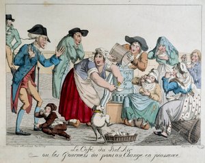 A café du Bel Air vagy a Pont au Change ínyencei pénz nélkül élvezik a párizsiakat, miközben kávét isznak, egy előkelő ijedt szeme előtt van a csésze. Névtelen 18. századi nyomtatvány. Párizs, Musee Carnavalet alkotó: French School