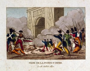 A párizsi St Denis-kapu elfoglalása az 1830-as francia forradalom idején. alkotó: French School