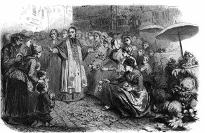A kolera Rómában: XVI. Gergely pápa (1765-1846) körmeneteket, vándorlást és áldást rendelt el a kolera felvonulásának megállítására. Metszet a „Histoire des Papes-Rois-Queen and Empereurs a travers les centuries” című könyvébe, Maurice Lachatre alkotó: French School