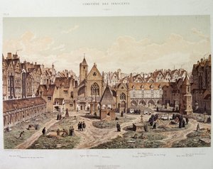 Az Ártatlanok temploma és temetője 1550-ben - „Paris a travers les ages”-ben, 19. század végén. alkotó: French School