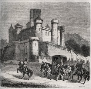 Rigonde (Rigonthe) kortege (569 körül-589 után) elhagyja Párizst, hogy menjen vőlegényéhez, Recarede herceghez. Metszet 1871-ből Henry de Kock (1819-1892) „Histoire Des Cocus Celebres” c. alkotó: French School