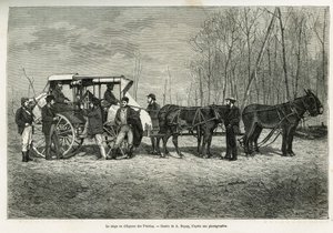 A préri lován való pálya vagy szorgalom, A. Dupuis rajza, hogy illusztrálja H. de Lamotte 1873-as kirándulásának történetét Kanadába és az északi vörös folyóhoz. Gravírozás a Le tour du monde-ban alkotó: French School