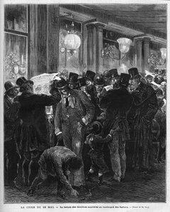Az 1877. május 16-i válság: a legfrissebb hírek olvasása a párizsi Boulevard des Italians-ról. Ez a francia politikai válság Mac Mahon (Mac-Mahon) levelének az eredménye, amelyben kritizálja Jules Simon tanácselnök hozzáállását, aki végül feláll. alkotó: French School