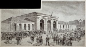 A tömeg a párizsi hullaház előtt 1886-ban. alkotó: French School