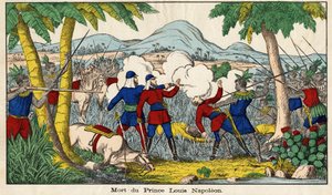 1879. június 1-jén halt meg Jenő Lajos Napóleon herceg, a császári herceg (23 éves), III. Napóleon volt császár és feleségének egyetlen fia. századi Epinal képe. alkotó: French School