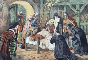 Szent Francois de Sales 1622. december 18-án Lyonban bekövetkezett halálát a fideles vette körül. "Le pelerin", 1922. december 31. (nyomtatás) alkotó: French School