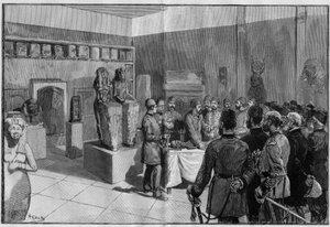 Sesostris múmiájának (II. Rhamszesz) lebontása a Musee de Boulaq-ban (Kairó, Egyiptom), Gaston Maspero khedive Tewfik jelenlétében. Metszet a „The Illustrous World”-ben, 1886. alkotó: French School