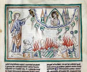 A 13. századi francia iskola által megvilágított „Cambrai apokalipsziséből” vett Babylon Miniatűr pusztulása. Ms. 422. Városi Könyvtár, Cambrai alkotó: French School