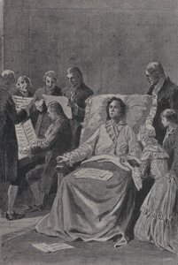 A haldokló Wolfgang Amadeus Mozart hallgatja barátait In Praise of Friendship című kantátájának előadásában (metszet) alkotó: French School