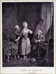 A fűző esszéje (két férfi és egy nő lecsupaszított mellekkel) - 18. metszet. alkotó: French School