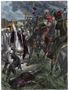 Az egykori Troyes-i Saint Loup letartóztatja Attilát, a hunok királyát Troyes előtt - Barbár inváziók - Metszet H. Grobert festménye után. alkotó: French School