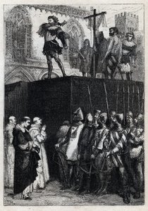 Konradin (vagy Hohenstaufeni Konrád) szicíliai király és sváb herceg (1252-1268) kivégzése Anjou Károly parancsára az 1268-as tagliacozzói csata után” (Konradin (vagy Konrád ifjabb), utolsó Staufer király kivégzése Szicília, követve alkotó: French School