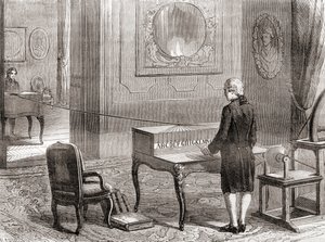 A Georges-Louis Le Sage által feltalált elektromos távíró első bemutatója 1774-ben a Les Merveilles de la Science-ből, 1870 körül megjelent (metszet) alkotó: French School