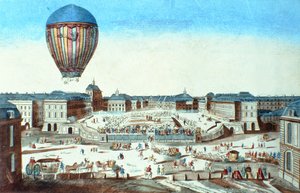 A szponzoráról, M. Montgolfierről elnevezett Pilatre du Roziers hőlégballon első repülése Versailles-ban 1784. június 23-án alkotó: French School