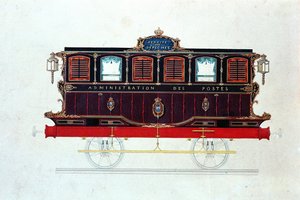 Az első postakocsi Franciaországban, 1830-48 körül (toll, tinta és WC papíron) alkotó: French School