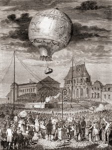 Az Aérostat Réveillon repülése 1783. szeptember 19-én a Montgolfier fivérek Versailles-ban (Franciaország) XVI. Lajos francia király és Marie Antoinette királynő előtt, a Les Merveilles de la Science-ből, megjelent 1870 körül (metszet) alkotó: French School